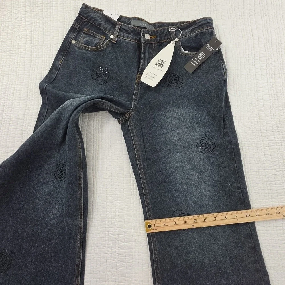 Cali 1850 Jeans Womens 9/29 Medium Wash Rhinestones NEW Wide Leg Relaxed NWT‎